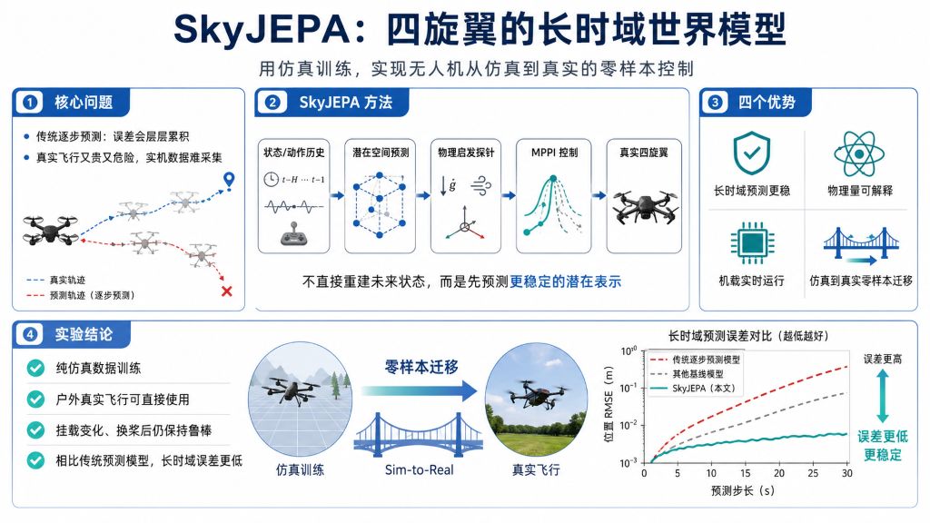 SkyJEPA模型，实现四旋翼无人机控制的长时域预测、可解释、实时性和零样本任务泛化